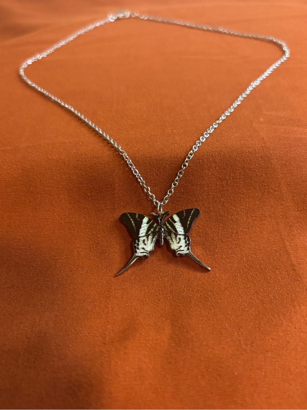 Silver Butterfly Pendant Necklace - Black & White